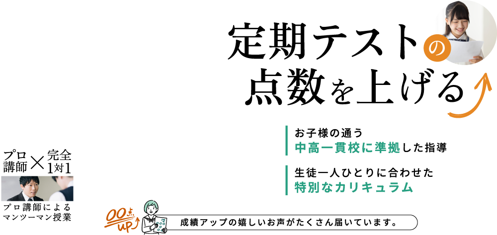 定期テストの点数を上げる。お子様の通う中高一貫校に準拠した指導。生徒一人ひとりに合わせた特別なカリキュラム。成績アップの嬉しいお声がたくさん届いています。プロ講師×完全１対１プロ講師によるマンツーマン授業