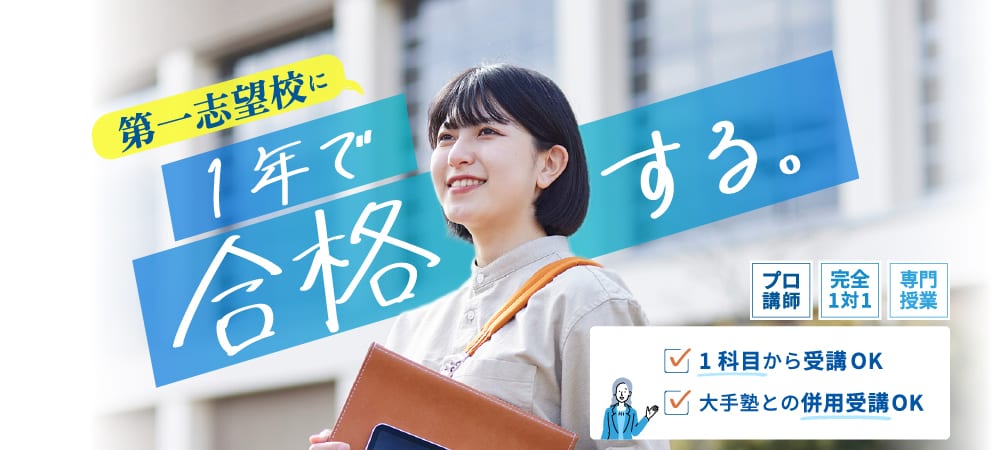 第一志望校に１年で合格する。プロ講師、完全１対１、専門授業。１科目目から受講OK、大手塾との併用受講OK